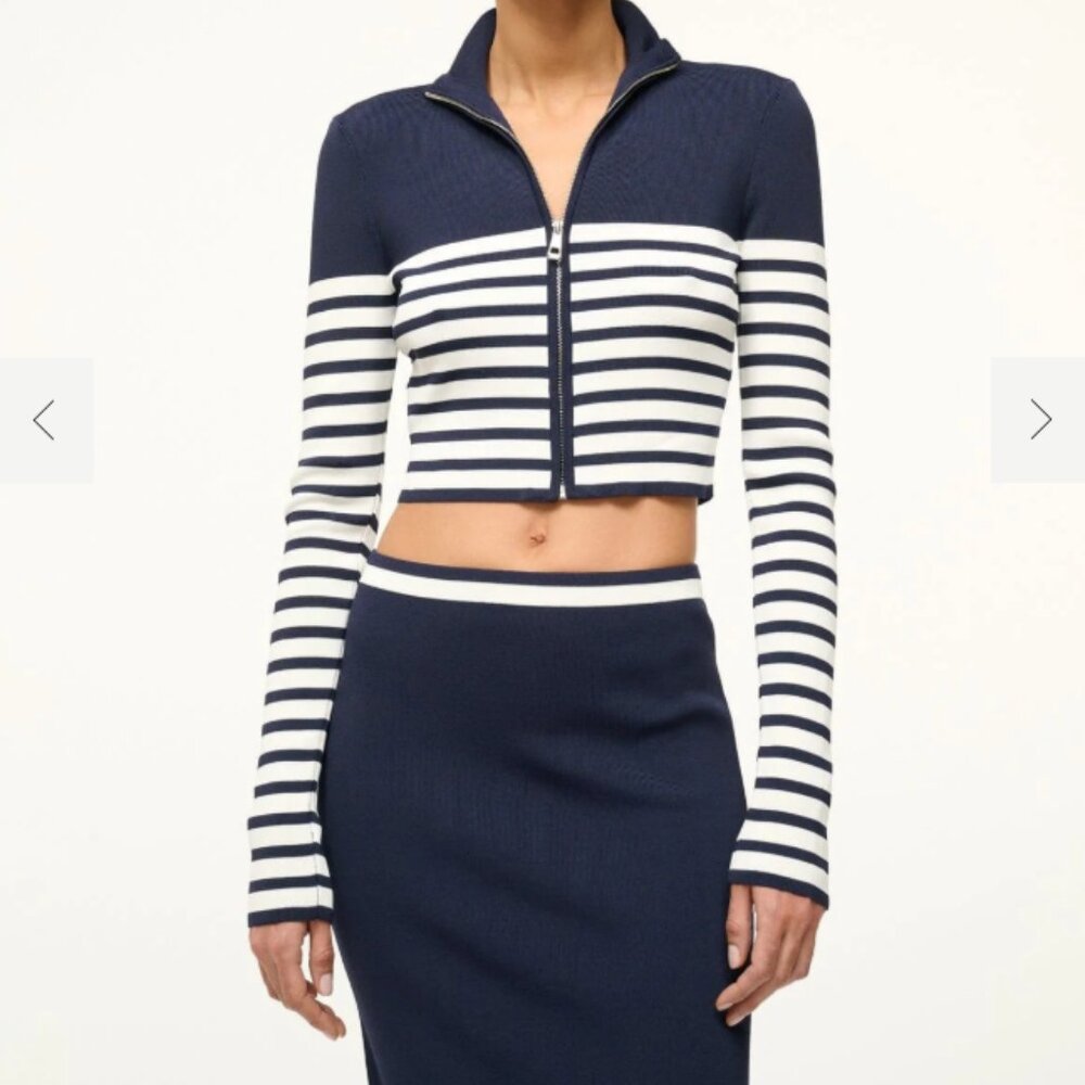 STAUD - Raft Navy Blue and White Jacket (Size M) and Skirt (Size L) Set